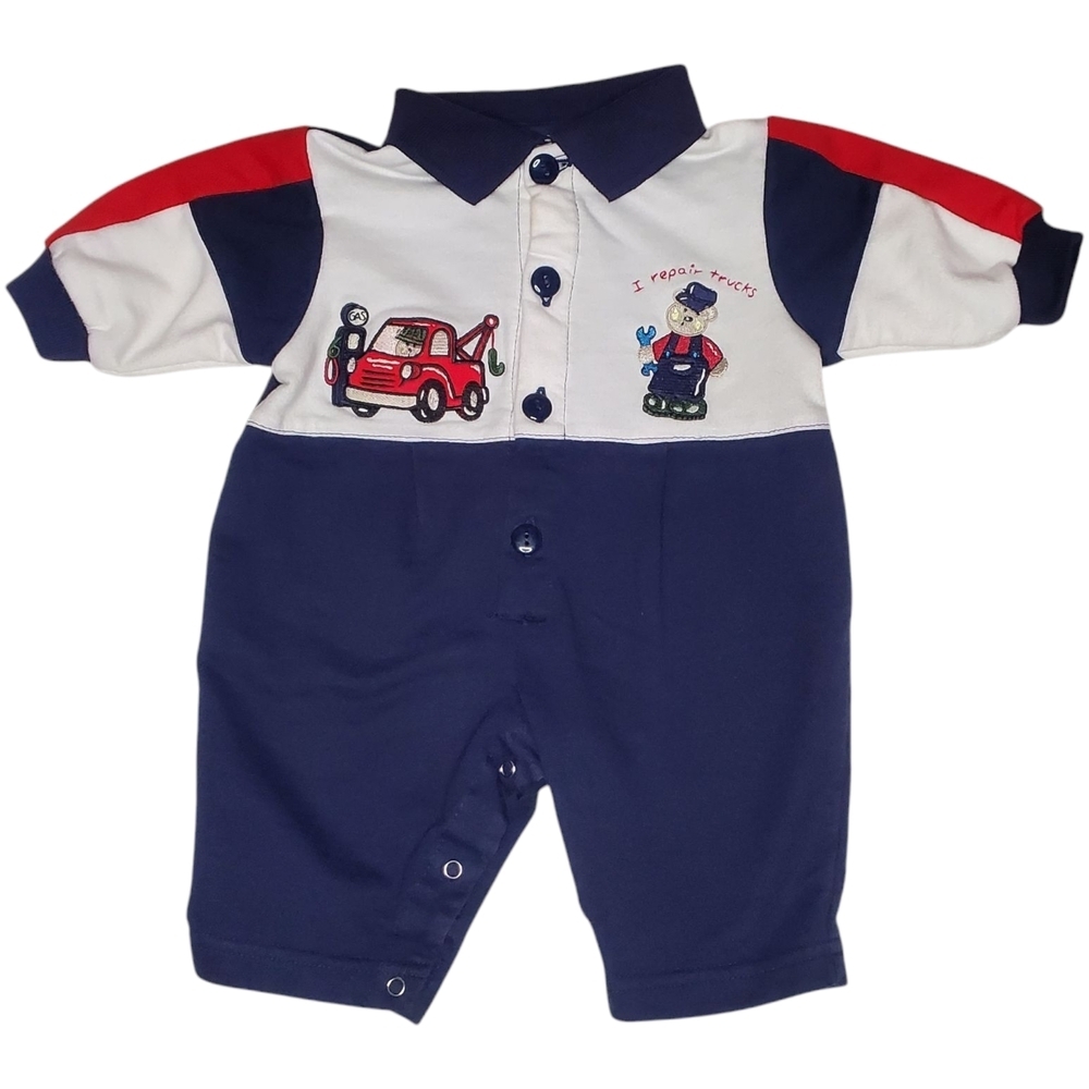 Vintage Jumpsuit Long-sleeve Navy|White I Repair Trucks Baby Boys 0-3 Months
